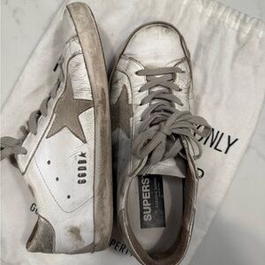 Golden Goose Distressed White and Silver Sneakers